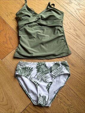 Olive Green Tankini Top with Tropical Leaf Bikini Bottoms